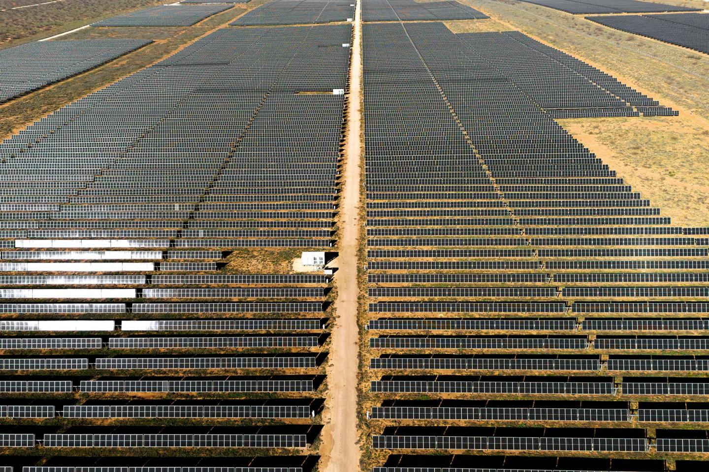 An overhead shot of a large solar farm