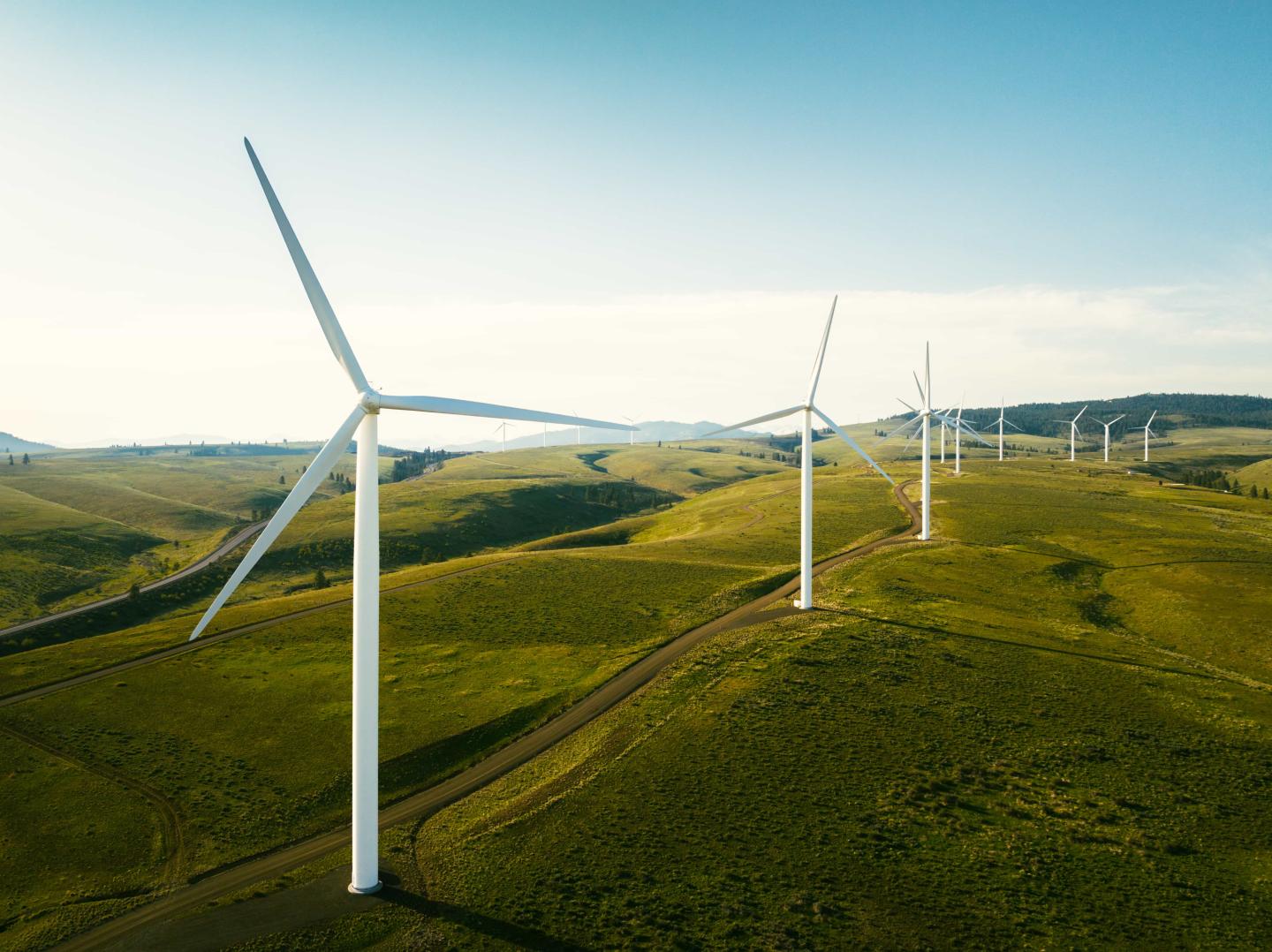 Wind turbines on lush green hills