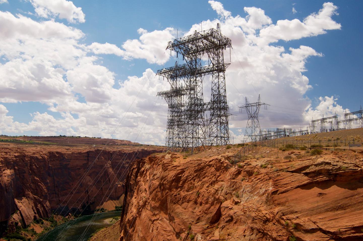 Electrical towers on rocky outcroppings
