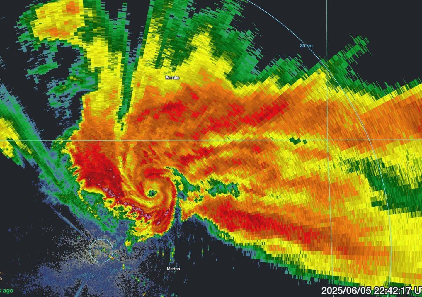 A Doppler radar screen of a swirling tornado