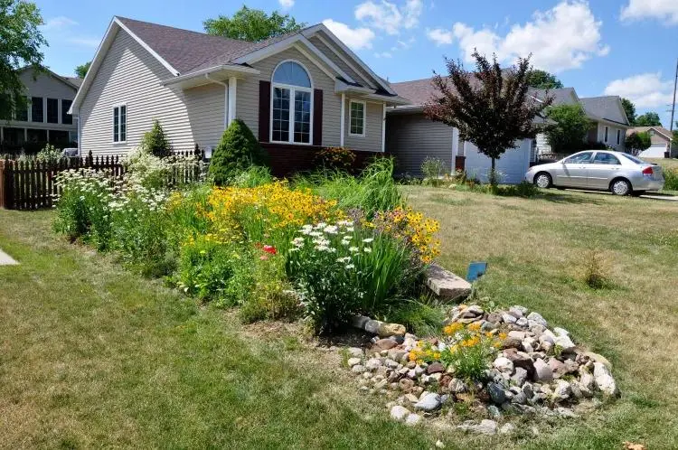 A rain garden of flowers and rocks in front of a house