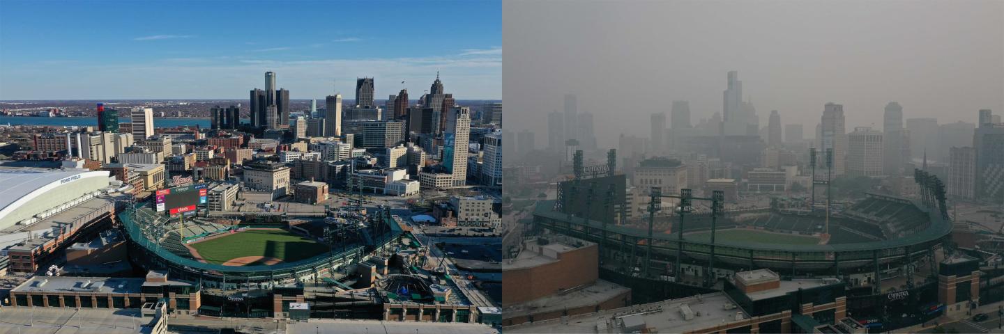 A side-by-side of Comerica Park in Detroit, where the left is a clear blue sky day and the right is so hazy the buildings are barely visible from wildfire smoke