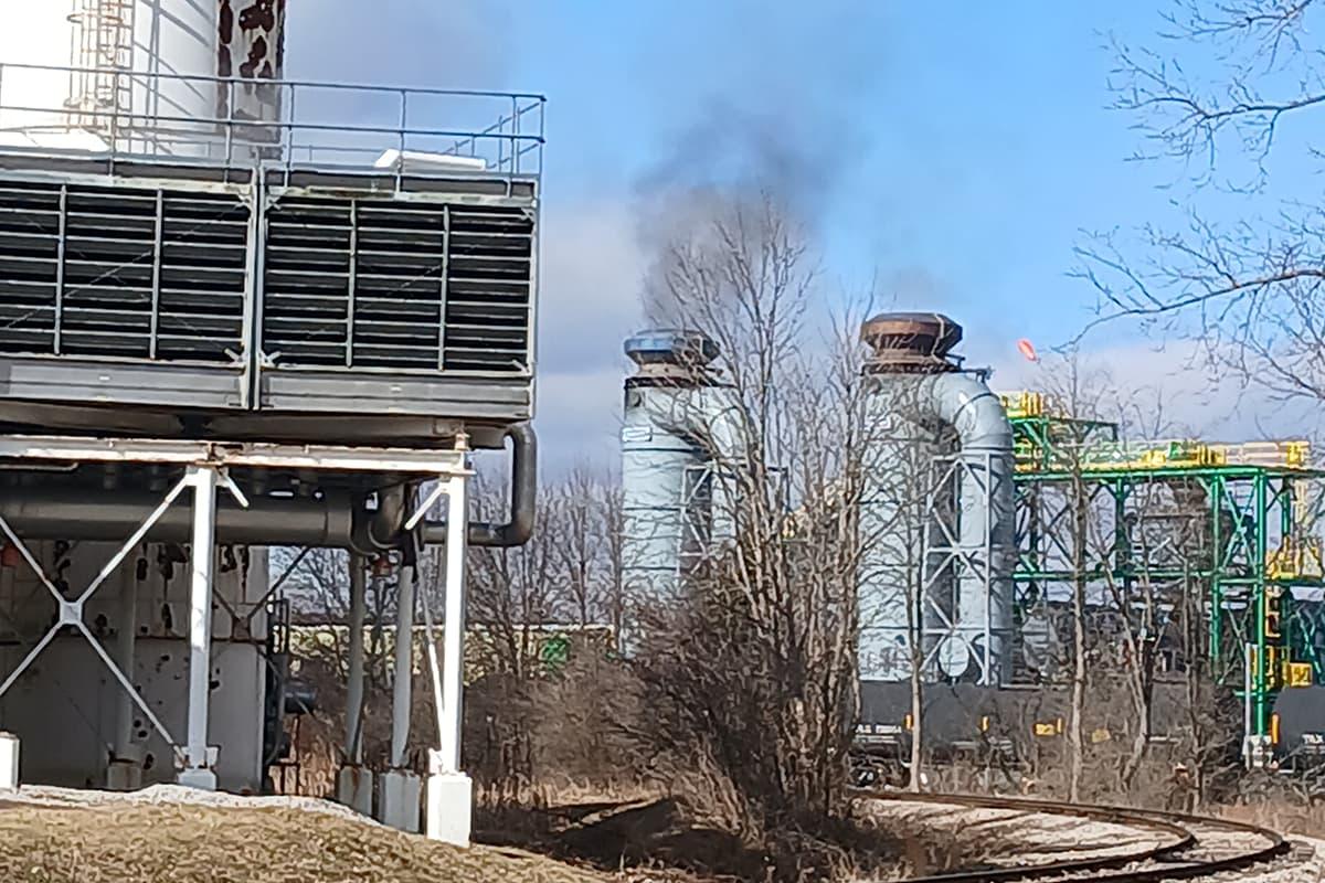 The smoke stacks at the Freepoint Eco-Systems plant in Ohio spewing black smoke into the air