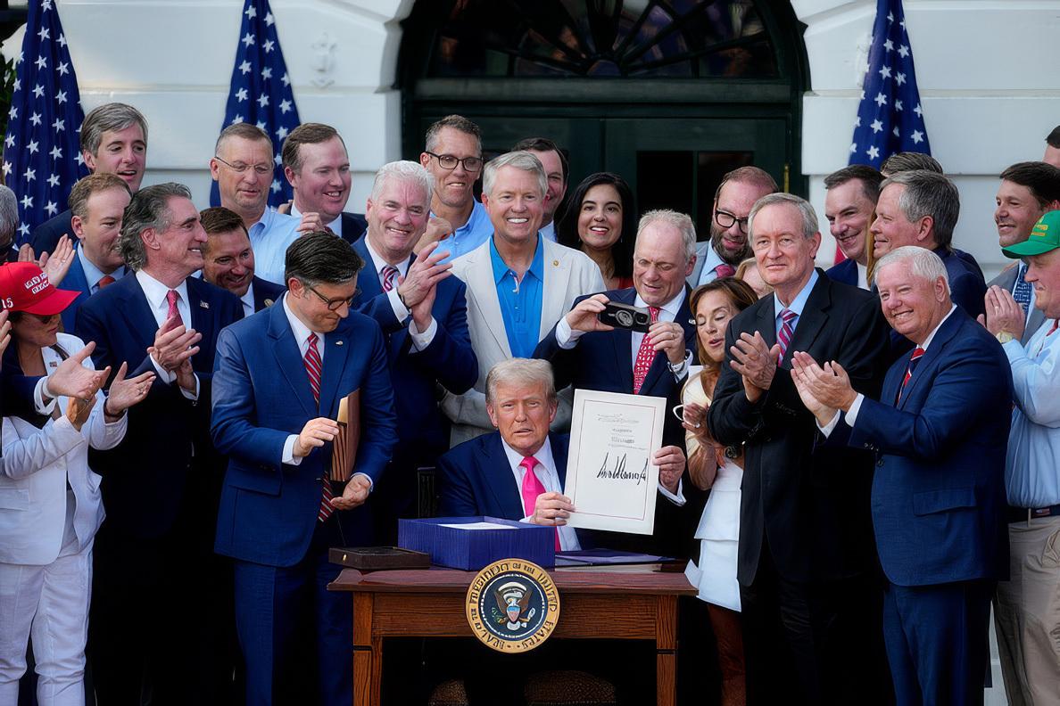 Donald Trump signing the One Big Beautiful Bill surrounded by applauding and smiling members of Congress and staff