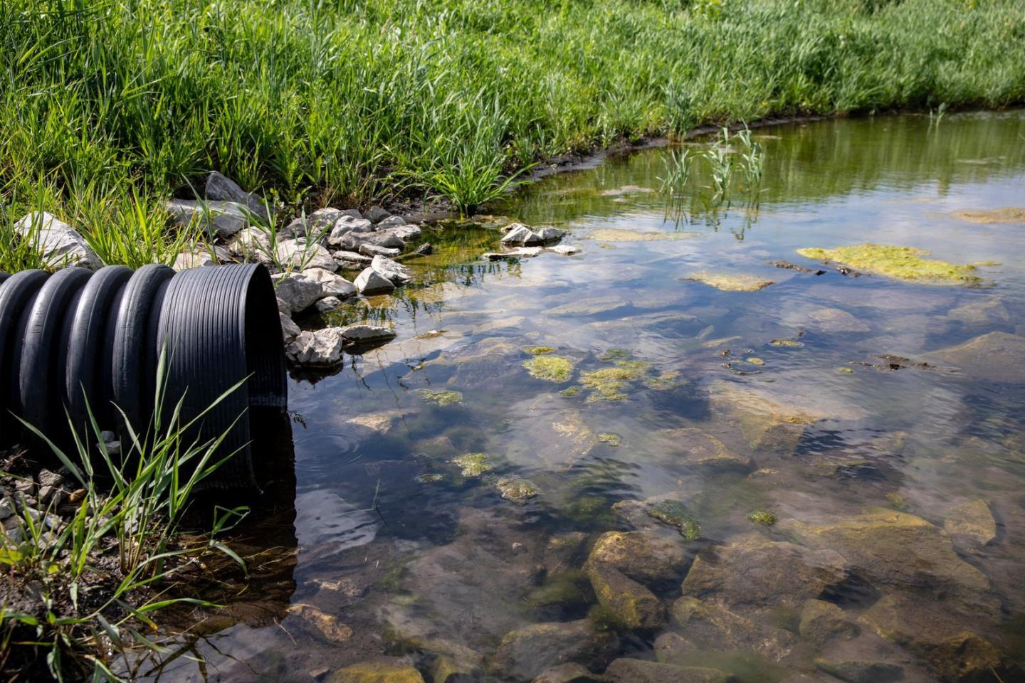 A drainage pipe leading into some water