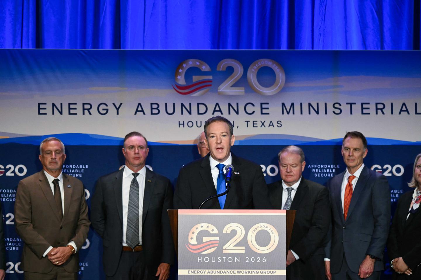 Lee Zeldin standing at a podium for G20 Energy Abundance Ministerial 