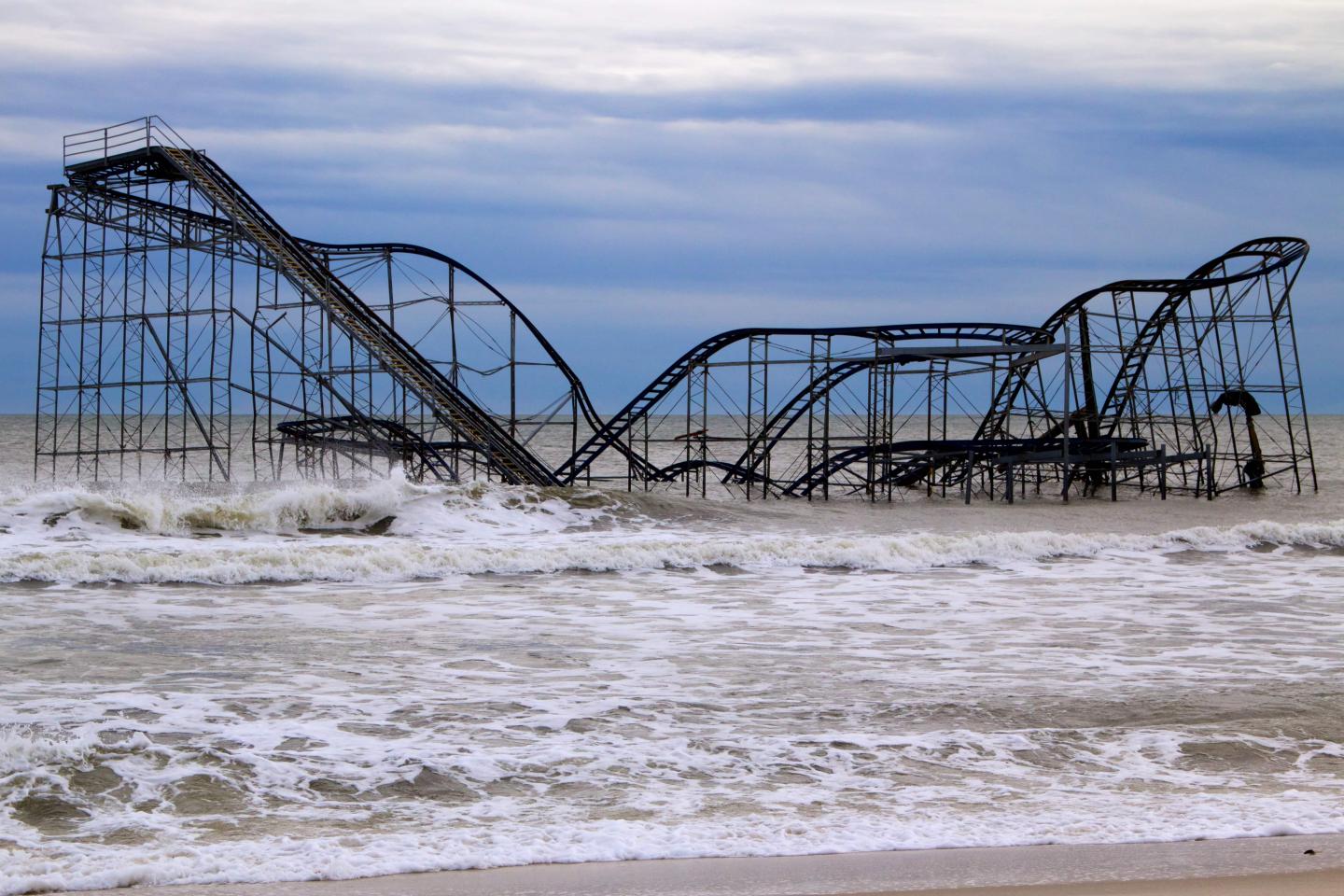 The Star Jet roller coaster partially submerged in the Atlantic Ocean after Hurricane Sandy