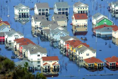 Homes surrounded by water two weeks after Hurricane Katrina