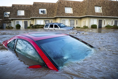 Car submerged in flood water. Row of houses in the background