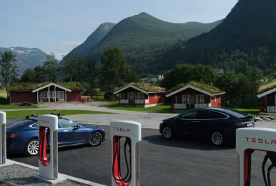 A row of Tesla superchargers in Skei, Norway