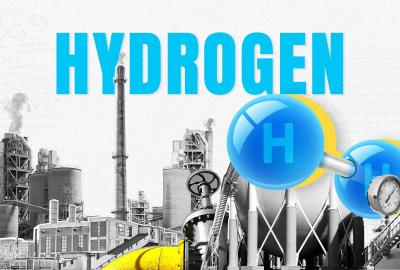 A graphic with the word hydrogen imposed over an industrial park and a hydrogen molecule bonded with another hydrogen molecule