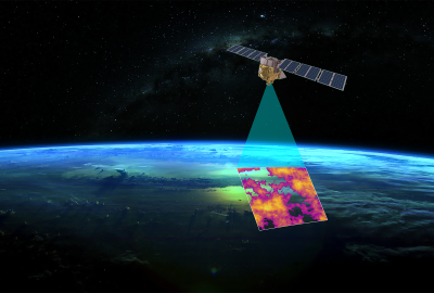Rendering of MethaneSAT flying through space and scanning earth for pollution
