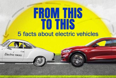 An old, wonky electric vehicle in front of a sleek, new EV with the words "From this to this - 5 facts about electric vehicles" above them
