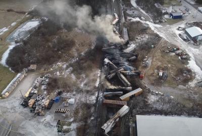 An overhead shot of the East Palestine train derailment