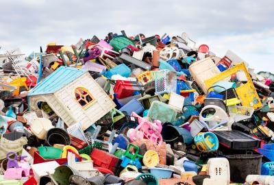 A mountainous pile of plastics — toys, doll houses, baskets and more