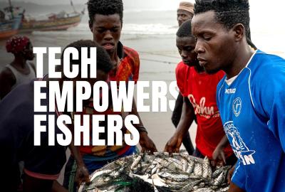 Fishers working together with the words "Tech empowers fishers" on the image