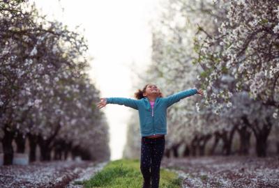 A young girl spreading her arms in a blooming orchard of trees