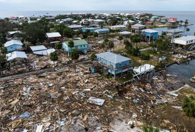 An aerial view of damaged houses are seen after Hurricane Helene