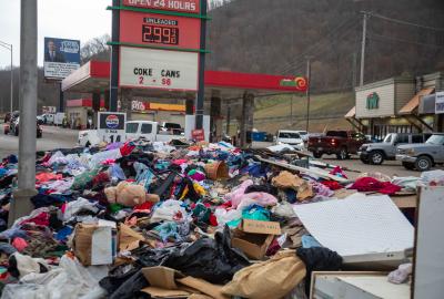 A large stack of clothes and other debris 