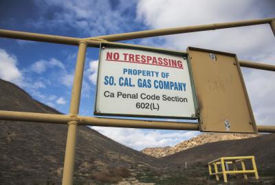 Sign that says "No Trespassing, Property of So.Cal. Gas Company, Ca Penal Code Section 602(L)"