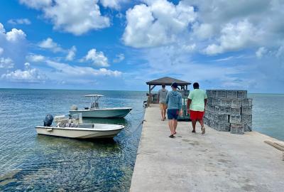 Group of men walking on a dock next to 2 docked boats
