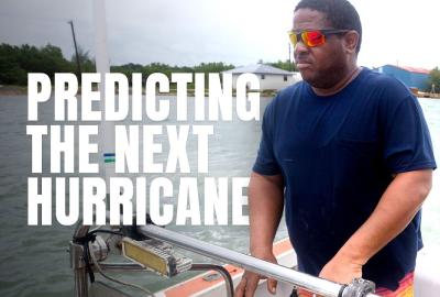 Thumbnail for YouTube video that reads: Predicting the Next Hurricane with a picture of a man on a fishing boat