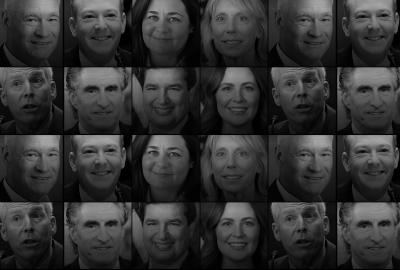 A banner of black and white portraits 