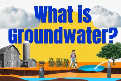 A graphic with the words "what is groundwater?" on it and depictions of clouds, a farm, a farmer, and water underneath the soil
