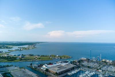 An aerial shot of a harbor in Galveston