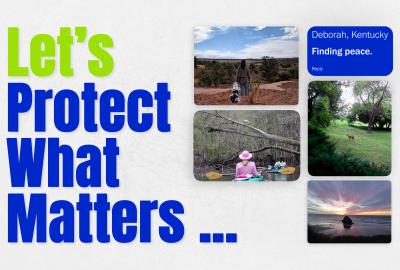 Four small boxes on the right with tranquil nature scenes and the text "Let's protect what matters" on the left side
