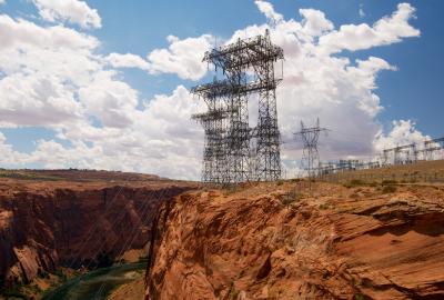 Electrical towers on rocky outcroppings