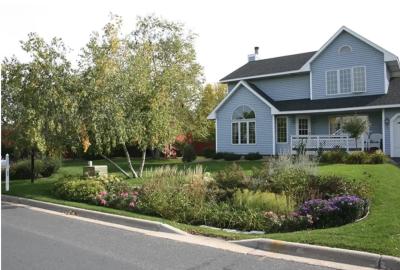 A house with a beautiful rain garden of flowers outside 