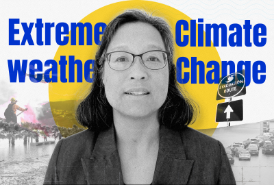Fiona Lo on screen with the words extreme weather and climate change imposed behind her