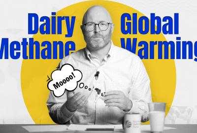 John Tauzel holding a toy cow that has a "moo" thought bubble with the words "Dairy methane global warming" imposed on the screen behind him