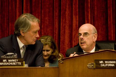 Ed Markey and Henry Waxman discussing something during a committee meeting