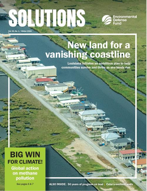 The winter 2024 cover of Solutions magazine featuring a front page story about a vanishing coastline