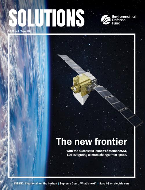 The Solutions magazine cover for spring 2024 with Methane Sat soaring above the Earth