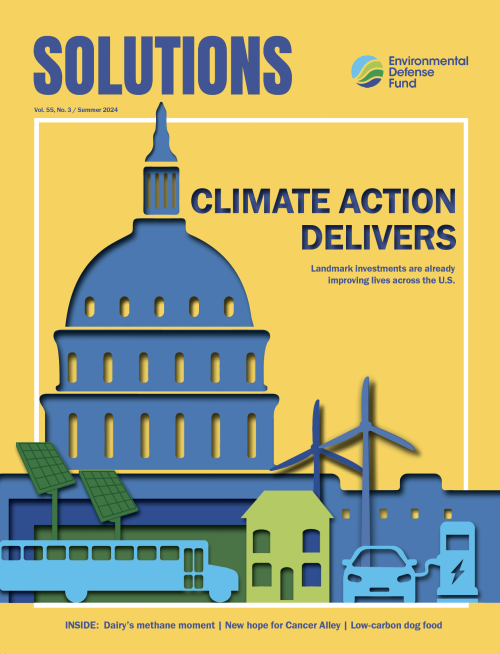 The Solutions magazine cover with a graphic with the Capitol building, school bus, house, and electric vehicle