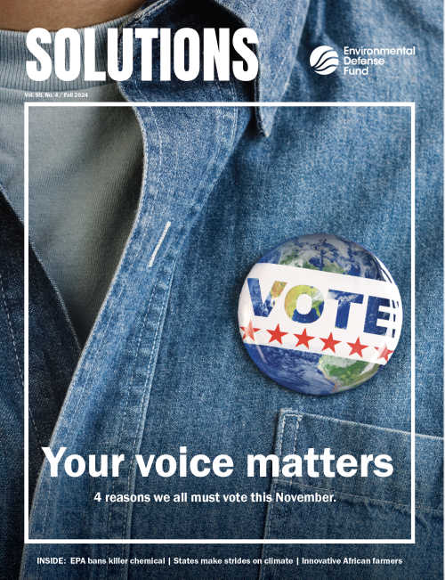 The fall Solutions cover with "your voice matters" on it and a vote button on a shirt