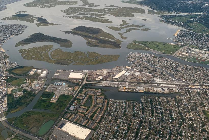 Aerial shot of Long Island showing water encroaching on houses