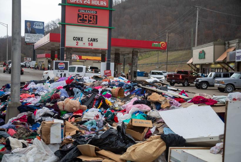 A large stack of clothes and other debris 
